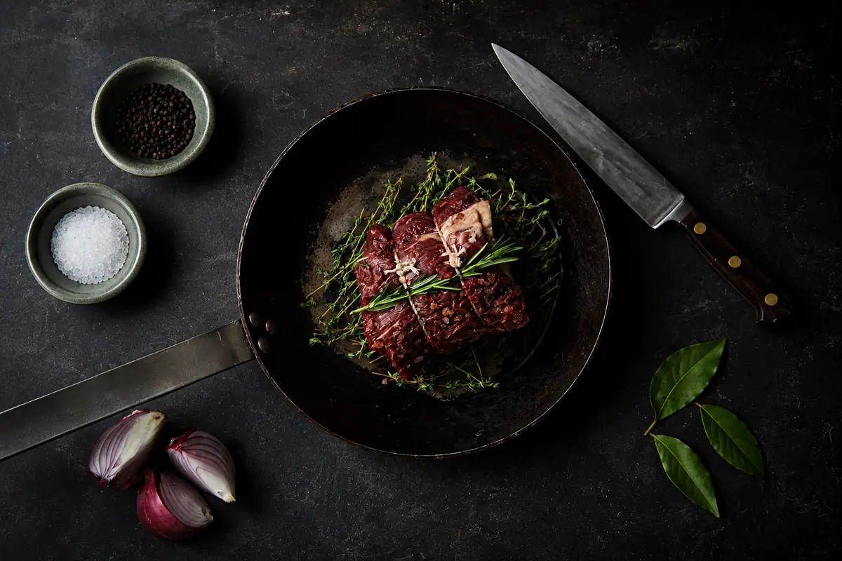 Raw beef with thyme and rosemary in a cast-iron pan, beside sea salt, black peppercorns, red onion and bay leaves